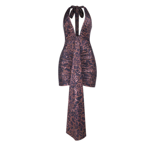 Leopard print v neck ruched halter self tie mini dress  | Festival Outfits Women  | Leopard Print Mini Dress