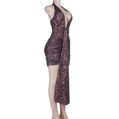 Leopard print v neck ruched halter self tie mini dress  | Festival Outfits Women  | Leopard Print Mini Dress
