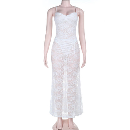 Lace ruched button v neck cami maxi skirt set  | Festival Outfits Women