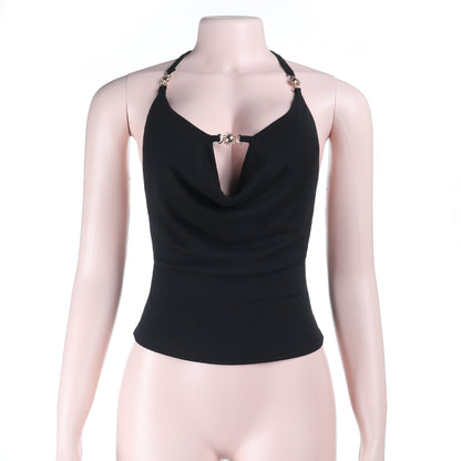 Halter self tie hollow out backless solid cut out top  | Festival Outfits Women