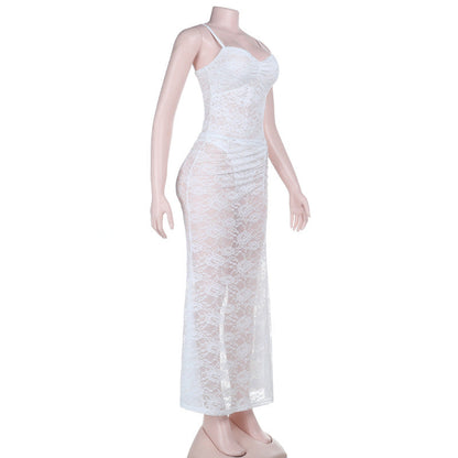 Lace ruched button v neck cami maxi skirt set  | Festival Outfits Women
