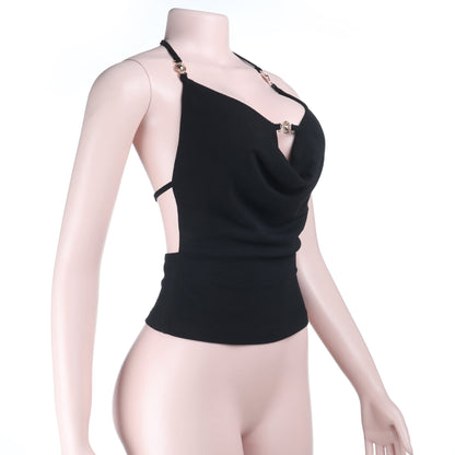 Halter self tie hollow out backless solid cut out top  | Festival Outfits Women