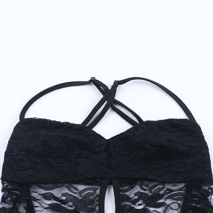 Lace hollow out cross back solid jumpsuit  | Festival Outfits Women