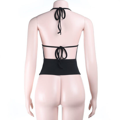 Halter self tie hollow out backless solid cut out top  | Festival Outfits Women