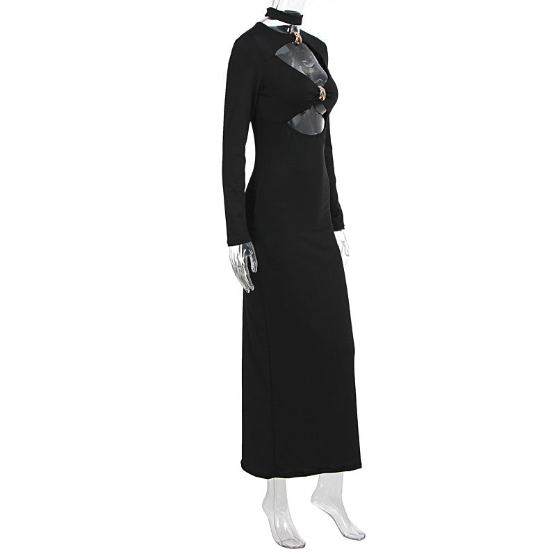 Long sleeve hollow out crewneck solid cut out midi dress  | Festival Outfits Women