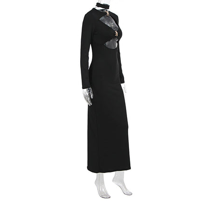 Long sleeve hollow out crewneck solid cut out midi dress  | Festival Outfits Women