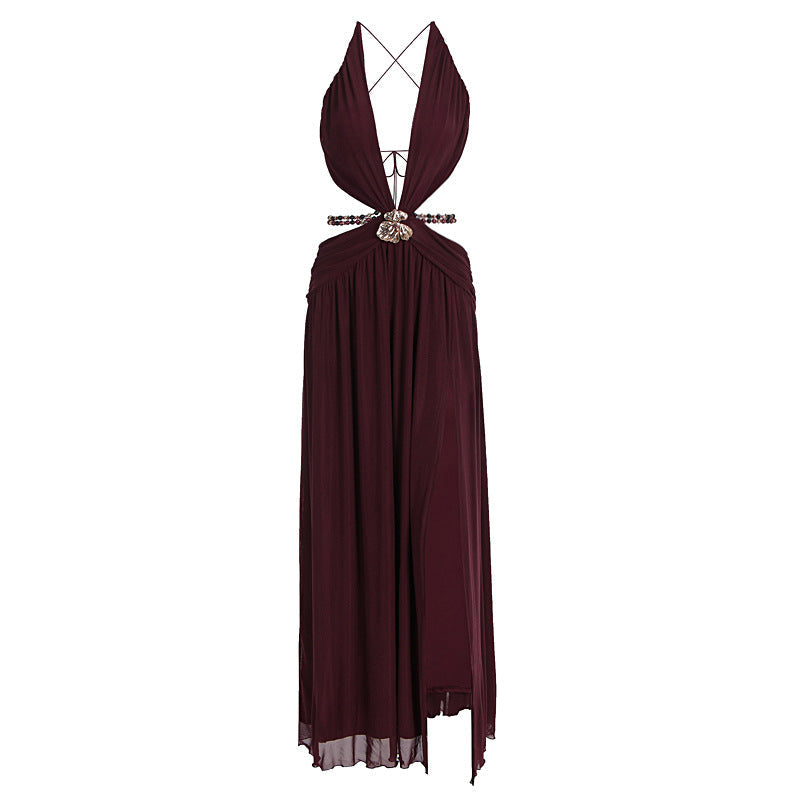 Beaded deep v neck slit cross back self tie maxi dress  | Festival Outfits Women
