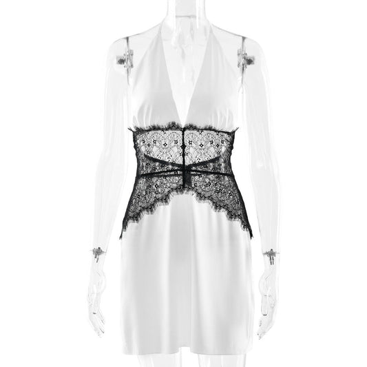 Halter self tie v neck lace zip-up mini dress  | Festival Outfits Women