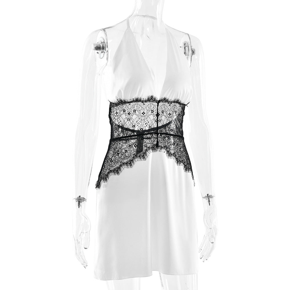 Halter self tie v neck lace zip-up mini dress  | Festival Outfits Women