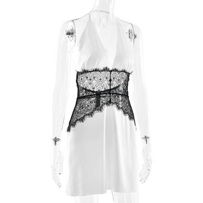 Halter self tie v neck lace zip-up mini dress  | Festival Outfits Women