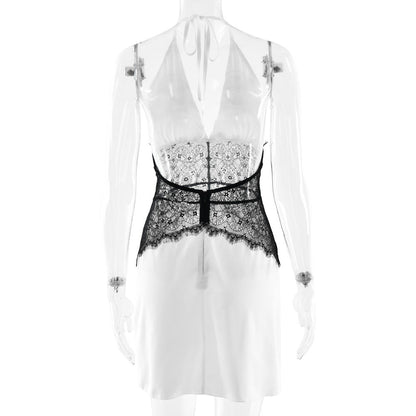 Halter self tie v neck lace zip-up mini dress  | Festival Outfits Women