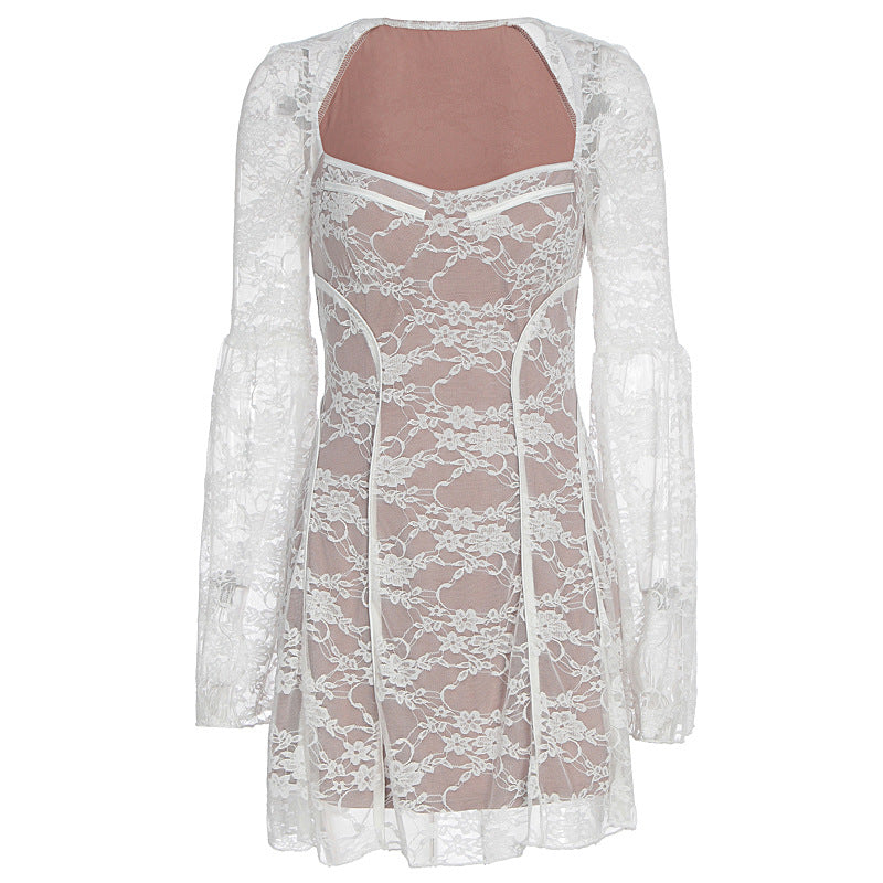 Long sleeve v neck lace patchwork mini dress  | Festival Outfits Women