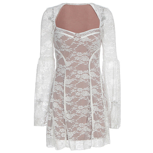 Long sleeve v neck lace patchwork mini dress  | Festival Outfits Women