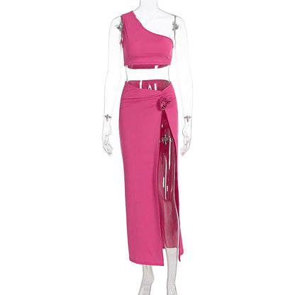 One shoulder irregular flower applique slit midi skirt set  | Festival Outfits Women