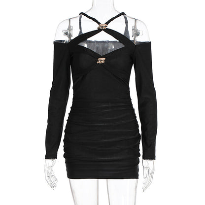 Cross front ruched long sleeve hollow out cut out mini dress  | Festival Outfits Women