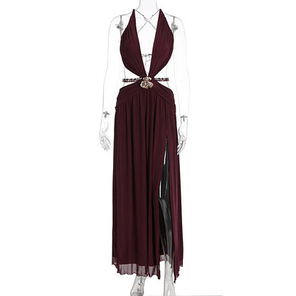 Beaded deep v neck slit cross back self tie maxi dress  | Festival Outfits Women
