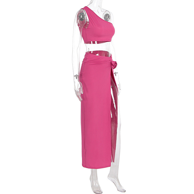 One shoulder irregular flower applique slit midi skirt set  | Festival Outfits Women