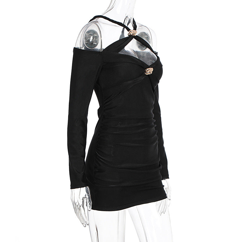 Cross front ruched long sleeve hollow out cut out mini dress  | Festival Outfits Women