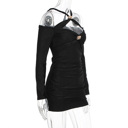 Cross front ruched long sleeve hollow out cut out mini dress  | Festival Outfits Women