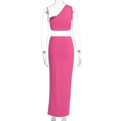 One shoulder irregular flower applique slit midi skirt set  | Festival Outfits Women