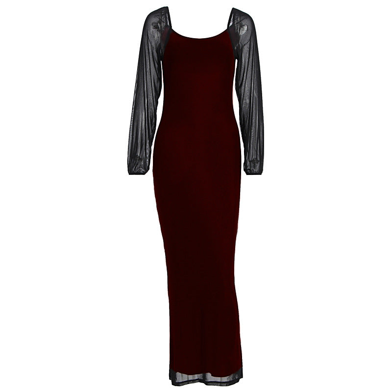 U neck long sleeve mesh slit midi dress  | Festival Outfits Women