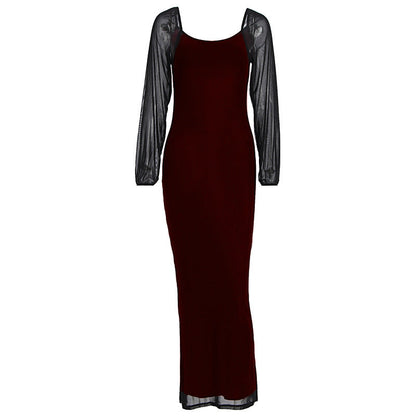 U neck long sleeve mesh slit midi dress  | Festival Outfits Women