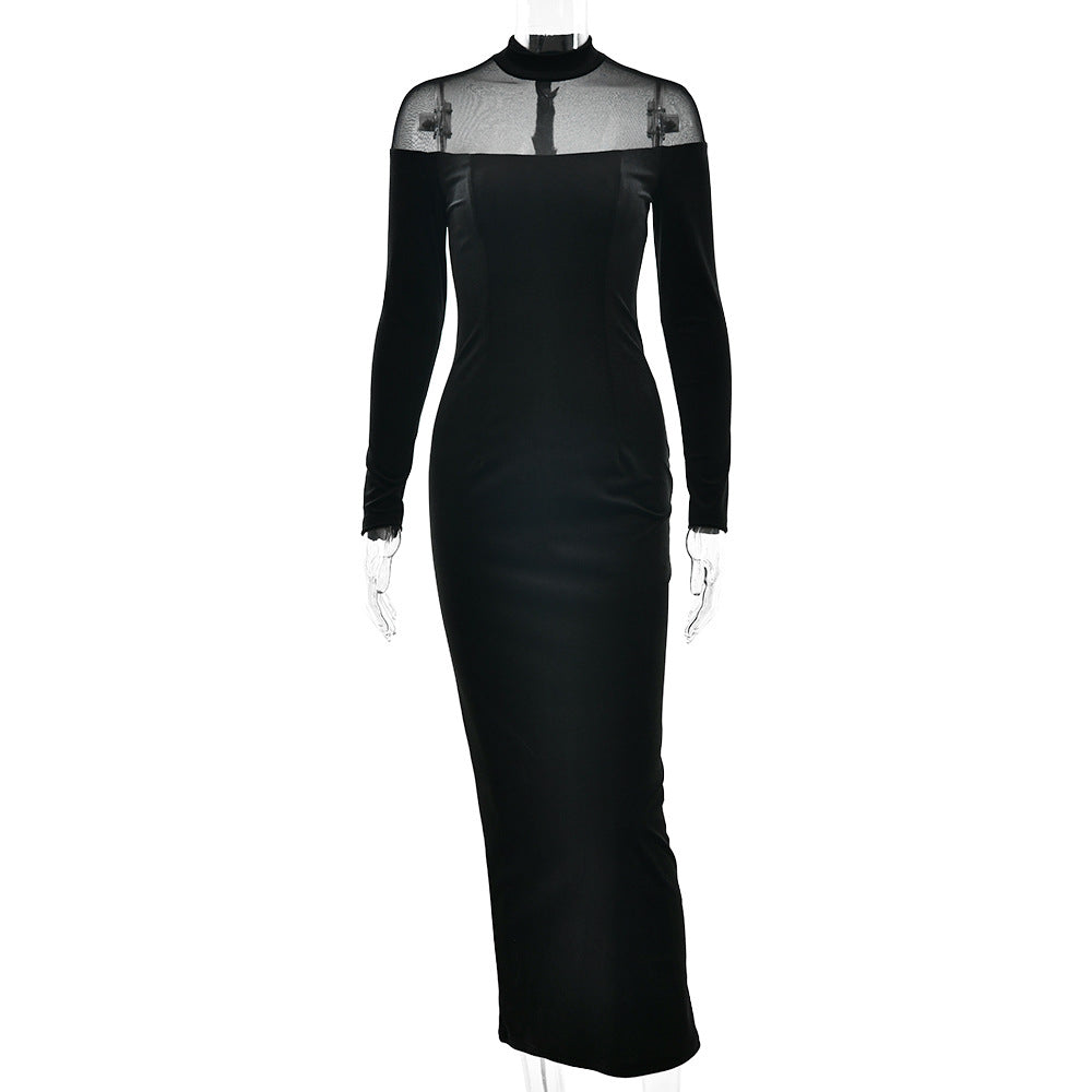 Long sleeve mesh zip-up crewneck midi dress  | Festival Outfits Women