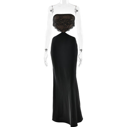 Lace hem zip-up backless tube maxi dress  | Festival Outfits Women