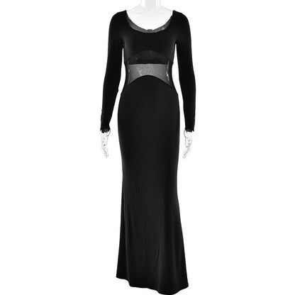 Long sleeve u neck mesh patchwork maxi dress  | Festival Outfits Women