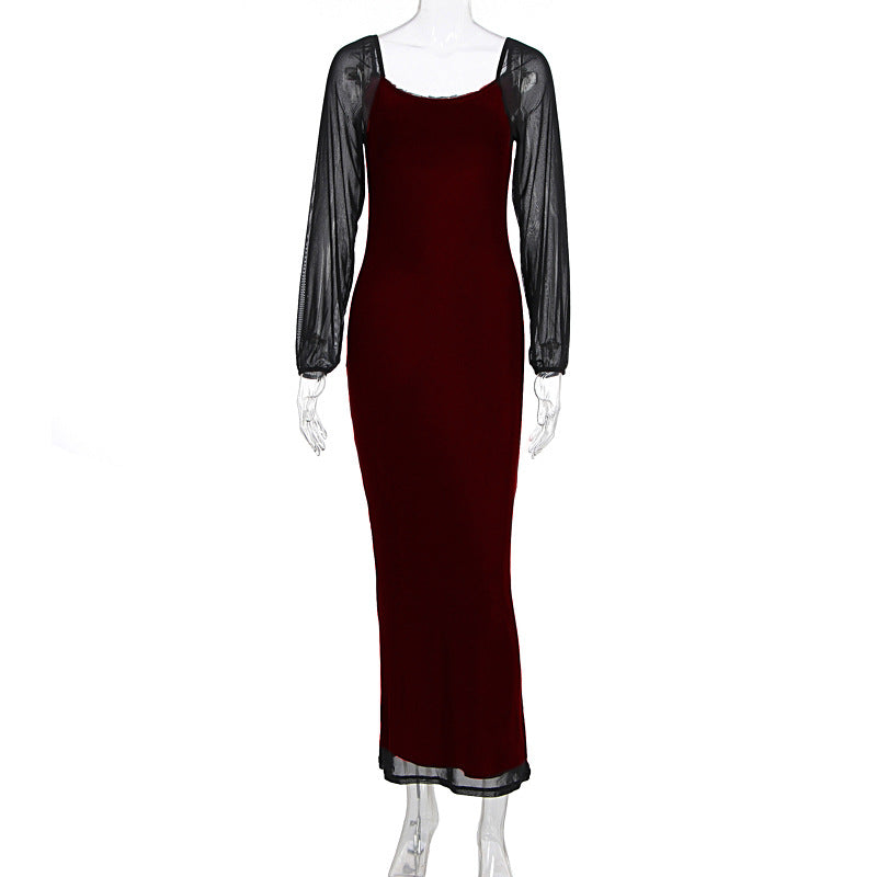 U neck long sleeve mesh slit midi dress  | Festival Outfits Women