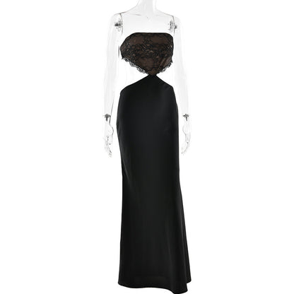 Lace hem zip-up backless tube maxi dress  | Festival Outfits Women