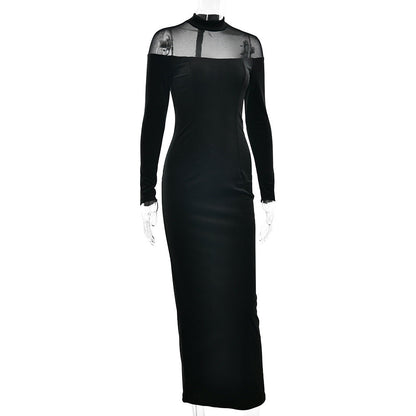 Long sleeve mesh zip-up crewneck midi dress  | Festival Outfits Women