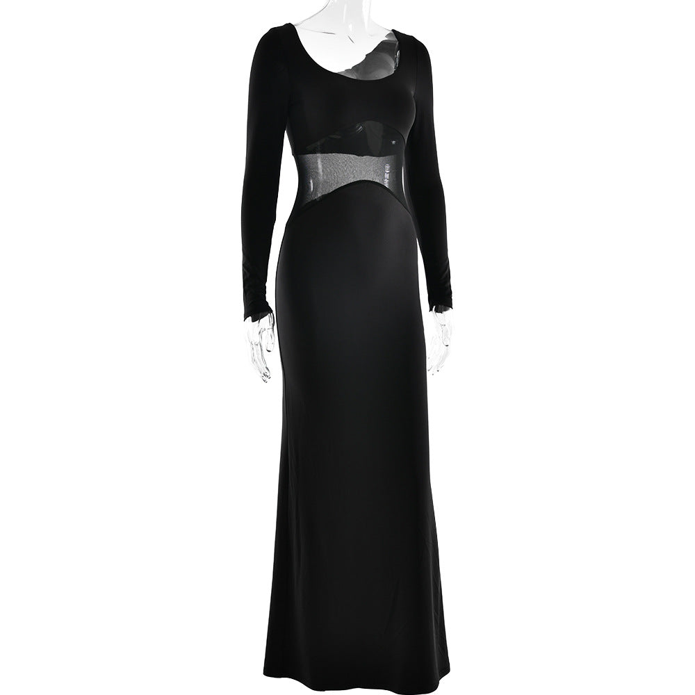 Long sleeve u neck mesh patchwork maxi dress  | Festival Outfits Women