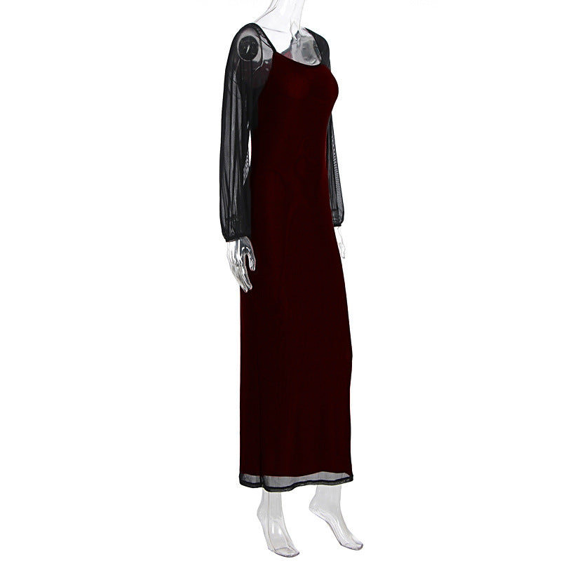 U neck long sleeve mesh slit midi dress  | Festival Outfits Women