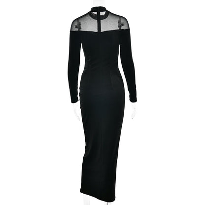 Long sleeve mesh zip-up crewneck midi dress  | Festival Outfits Women
