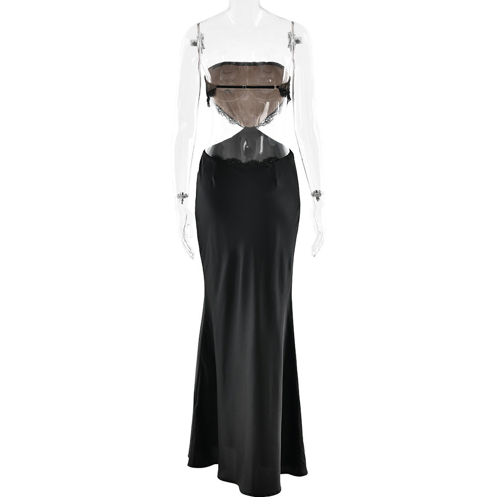 Lace hem zip-up backless tube maxi dress  | Festival Outfits Women