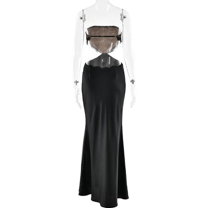 Lace hem zip-up backless tube maxi dress  | Festival Outfits Women