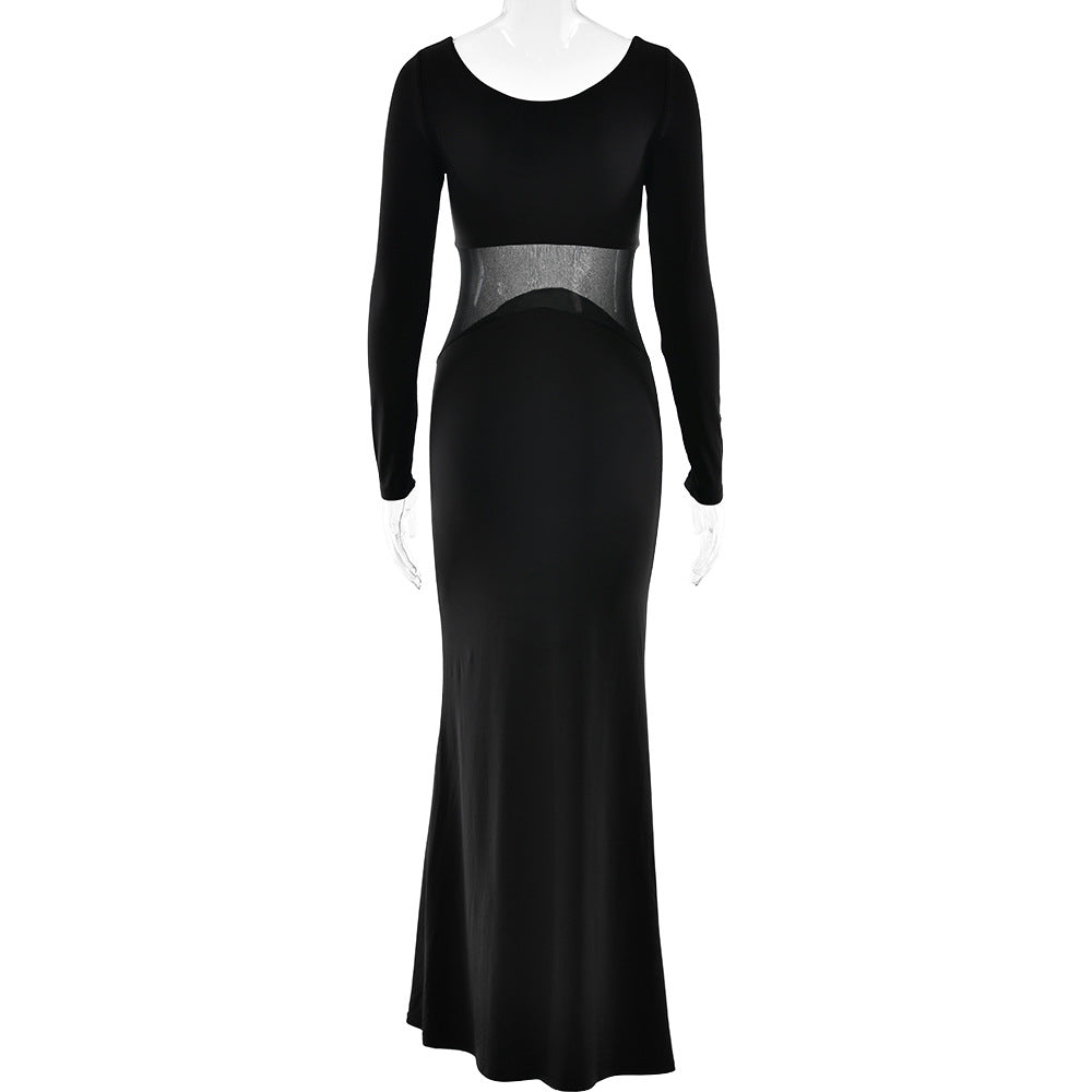 Long sleeve u neck mesh patchwork maxi dress  | Festival Outfits Women
