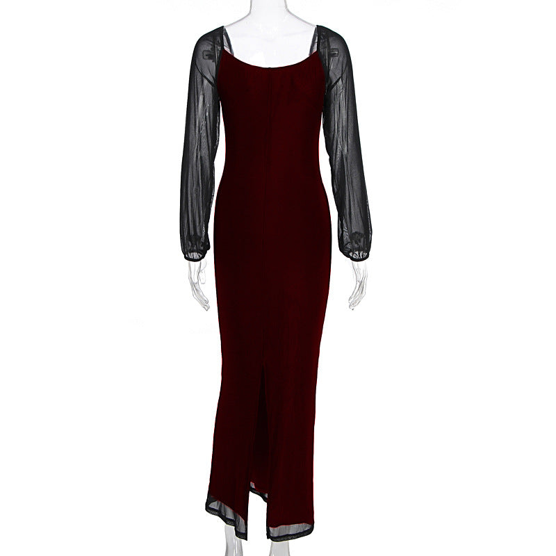 U neck long sleeve mesh slit midi dress  | Festival Outfits Women