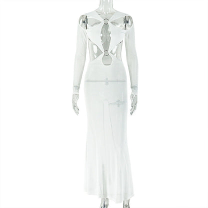 Hollow out o ring long sleeve mesh cut out maxi dress  | Festival Outfits Women