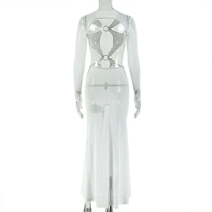 Hollow out o ring long sleeve mesh cut out maxi dress  | Festival Outfits Women
