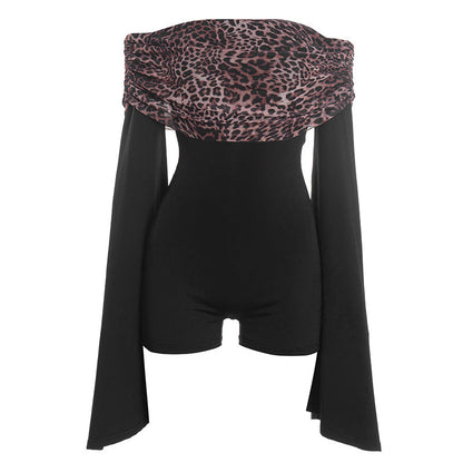 Long flared sleeve off shoulder leopard print romper  | Festival Outfits Women