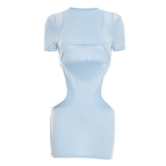 Hollow out crewneck short sleeve mesh cut out mini dress  | Festival Outfits Women