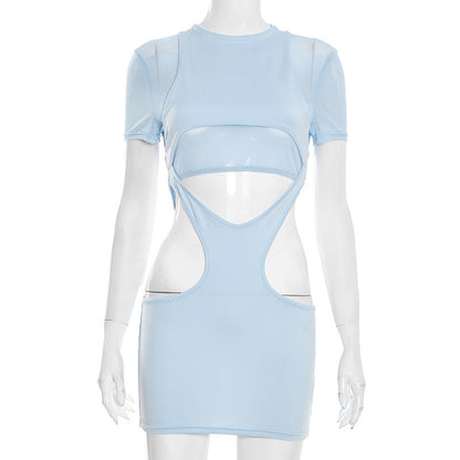 Hollow out crewneck short sleeve mesh cut out mini dress  | Festival Outfits Women