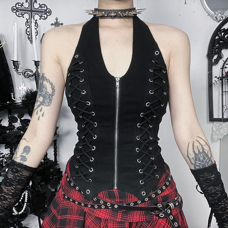 Halter u neck zip-up backless solid top  | Festival Outfits Women