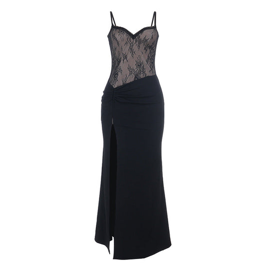 Lace hem v neck ruched slit cami maxi dress  | Festival Outfits Women