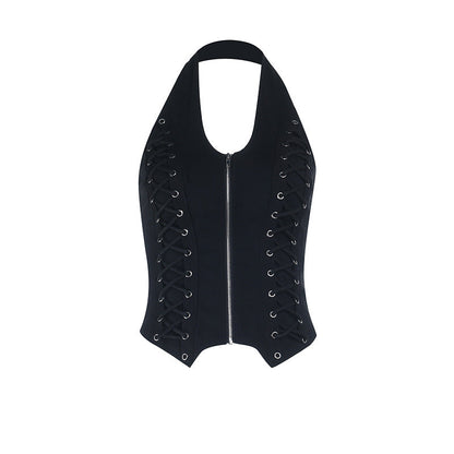 Halter u neck zip-up backless solid top  | Festival Outfits Women