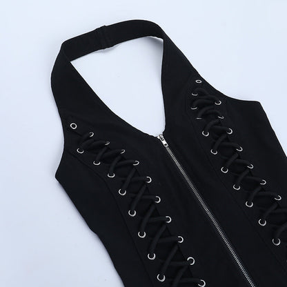 Halter u neck zip-up backless solid top  | Festival Outfits Women