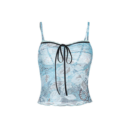 Lace hem self tie print mesh backless cami top  | Festival Outfits Women