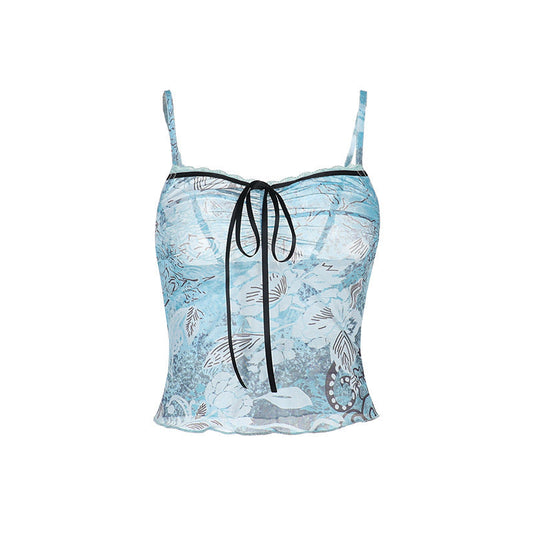 Lace hem self tie print mesh backless cami top  | Festival Outfits Women